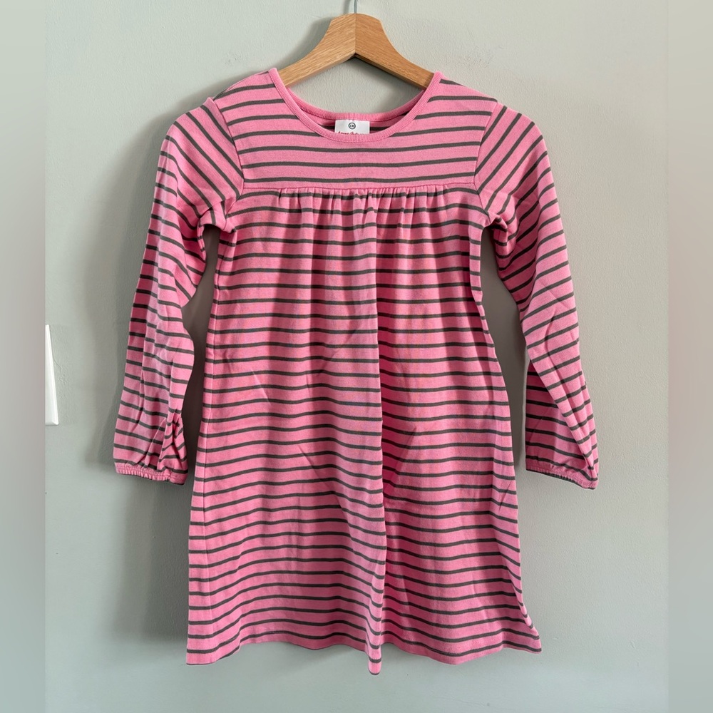 EUC Hanna Andersson Pink and Khaki Striped Dress, sz 130 (8)